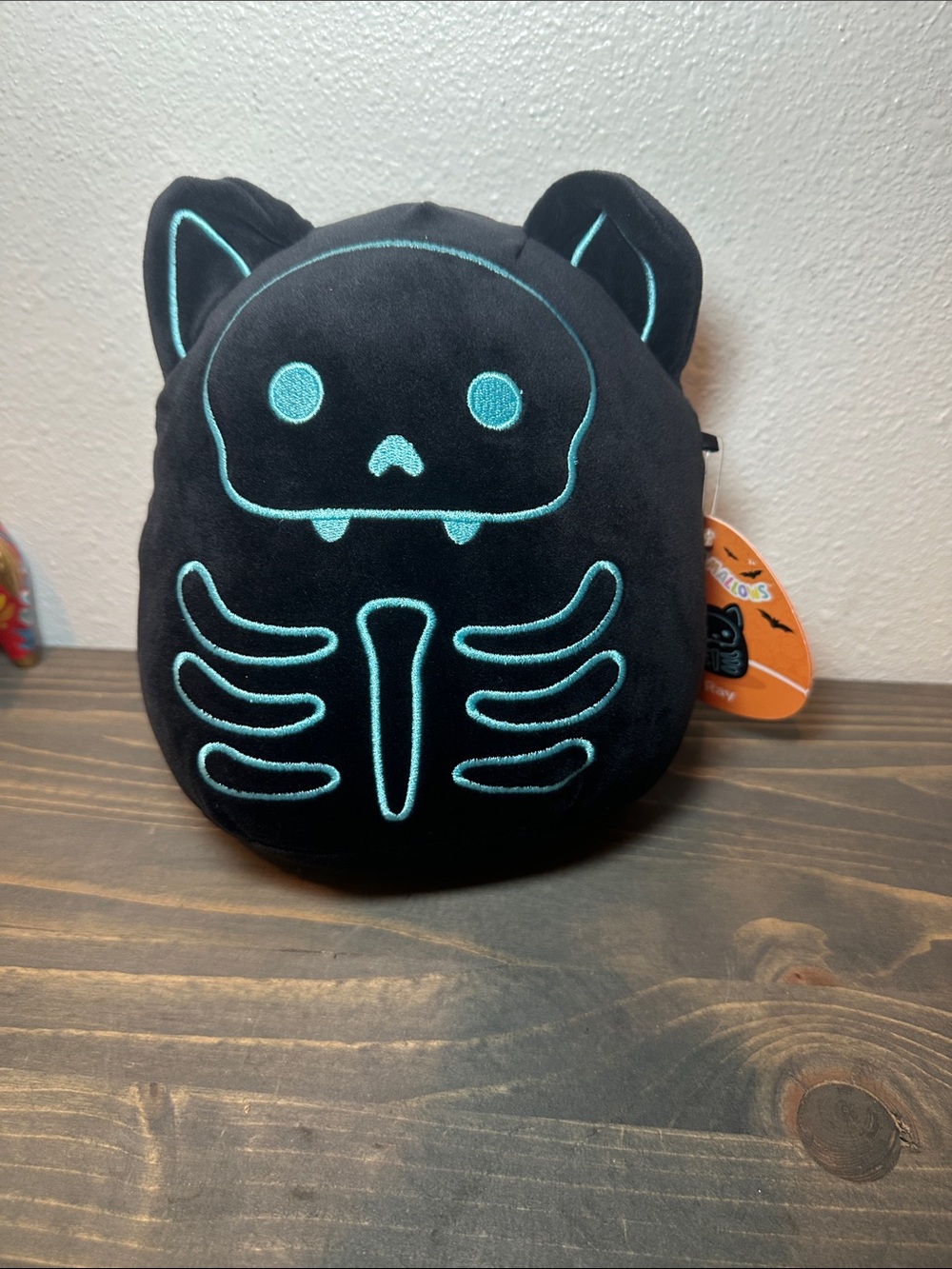 Squishmallows Black Plush Skeleton Cat Bag - Teal Embroidery
